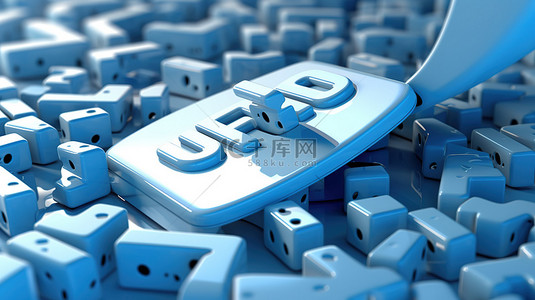 蓝色和白色的“上传”一词的 3D 描述，链接到电脑鼠标