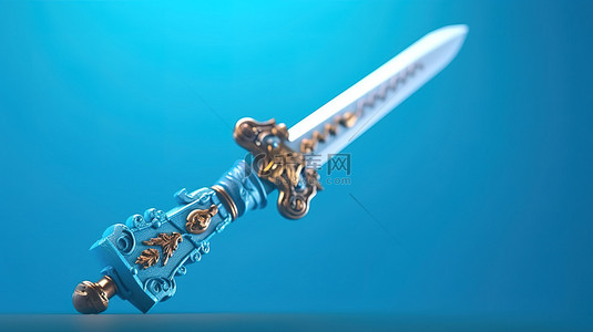 蓝色背景上带有复制空间的玩家元素中世纪玩具剑的 3D 插图