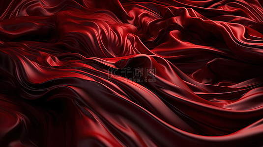红布或液体波的抽象豪华 3D 渲染，带有垃圾丝绸纹理的波浪褶皱