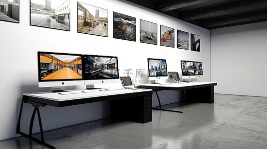 照片组合背景图片_在 3d 渲染的工业工作区中显示照片组合的计算机屏幕