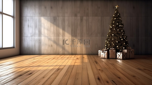 废弃的墙背景图片_废弃房间木板上的圣诞树和礼物的 3D 渲染
