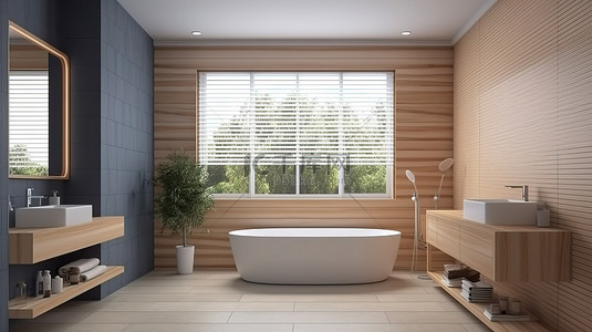 干净背景图片_带窗户视图的浴室 3D 渲染木材和瓷砖设计