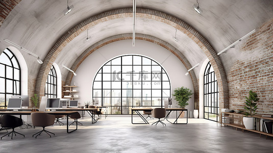 工业阁楼风格办公室的 3D 渲染，在混凝土地板上设有拱形窗户和白色砖墙