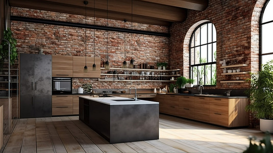 现代大理石厨房的 3D 渲染，带有纹理浮雕砖墙，非常适合烹饪和娱乐