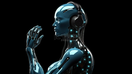 3D 渲染图像中带耳机和举手的女性机器人