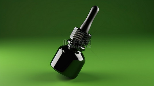 绿色背景上空白标记的黑色油滴瓶的 3D 渲染