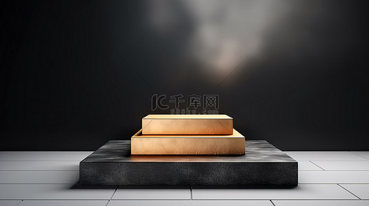 产品台阶背景图片_现代矩形台阶，配有金色立方体酒吧和优雅的黑色珠宝石基座讲台 3D