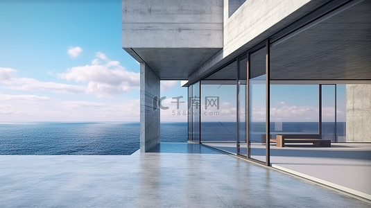 度假建筑背景图片_带露台和宽敞窗户的混凝土建筑，在令人惊叹的大海背景中进行 3D 渲染