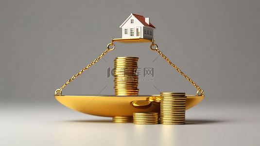抵押投资和金融贷款概念平衡规模上的房屋和金币隔离3D渲染