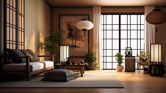 日本风格的客厅在 3D 渲染中栩栩如生