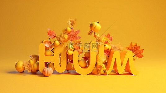 充满活力的黄色背景的 3D 渲染，带有问候“你好秋天”
