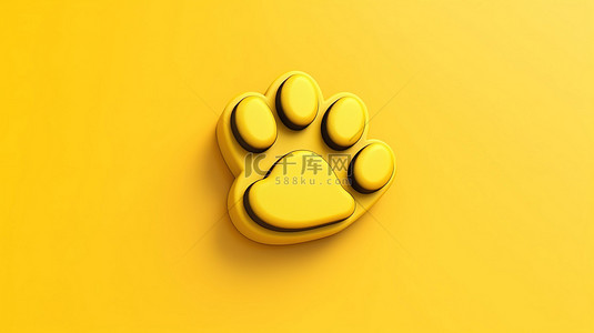 黄色背景上宠物爪子图标符号的 3d 简约渲染