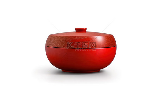 带有红色木质亚洲食品碗和盖子的白色背景的 3D 渲染