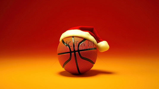 黄色背景下篮球上红色圣诞老人帽子的 3D 渲染
