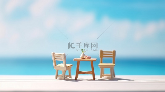 夏日海滨背景图片_3D 木桌模型中的夏季场景，海滨景观和椅子模糊