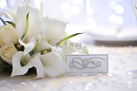 新娘背景图片_婚礼桌名称白百合和新娘捧花