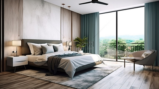 酒店或公寓室内设计中卧室和休闲区的宁静和舒适 3D 渲染