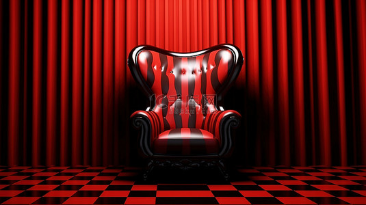 黑金背景图片_雄伟的红色王座设置在红色和黑色窗帘 3d 渲染的背景下