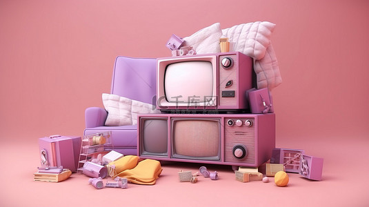 复古粉色电视和 3D 渲染彩色柔和复古收音机