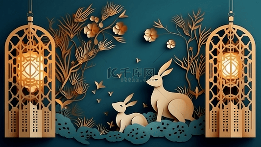 可爱简洁背景图片_中秋节兔子蓝色美丽两边灯笼