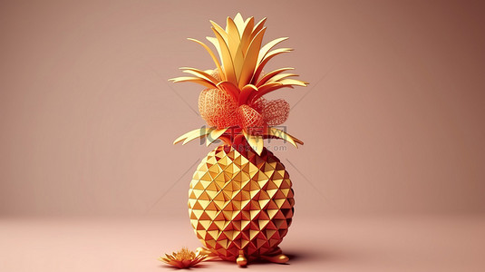 金色菠萝象征着中国新年的 3D 渲染纸艺术风格的繁荣和财富