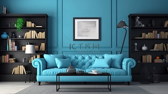 家装背景蓝色背景图片_客厅装饰着蓝色沙发光滑的桌子和 3D 渲染的装饰件