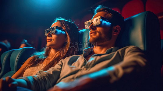 迷人的情侣全神贯注于 3D 电影体验