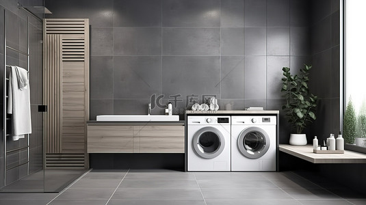 龙头背景图片_带洗衣机和 3D 渲染灰色瓷砖地板的现代浴室设计