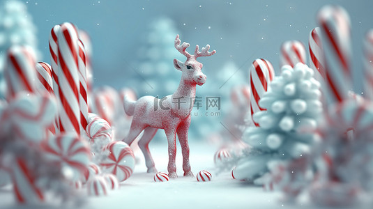 节日庆典驯鹿雪花和拐杖糖的 3D 插图，有足够的文本空间