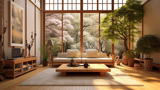 以 3D 形式呈现的日式客厅