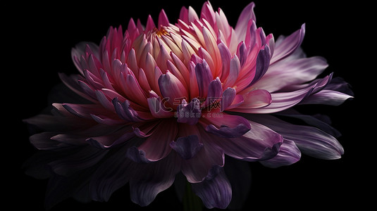 孤立的黑色背景上精致的粉红色紫色牡丹或菊花的 3D 插图