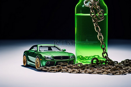 绿色瓶子和小车在白色背景上组合成链条
