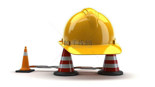 白色背景下正在施工的道路标志和安全头盔的 3D 渲染