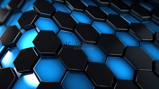 具有 3D 幻觉抽象技术概念的未来六边形背景，以黑白蓝色碳细胞几何图案为特色