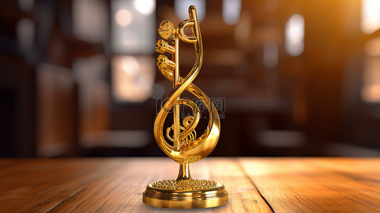 木桌展示了 3D 渲染的金色高音谱号和麦克风奖杯，以表彰卓越的音乐