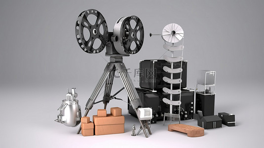 相机胶片背景图片_带卷轴胶片拍板导演椅和扩音器的复古电影摄影机 3D 渲染