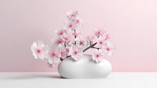 简约而优雅的 3D 渲染日本樱花在白色背景上用于产品展示