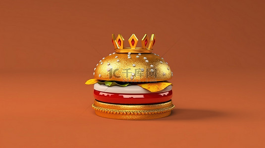 顶部有皇冠的汉堡的孤立 3D 渲染