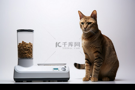 一只猫坐在猫粮分配器旁边