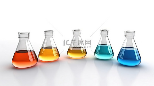 3d 渲染的白色背景上含有化学液体的实验室玻璃烧瓶