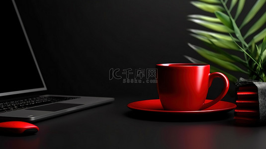 带有笔记本电脑红杯和娇小的植物的黑色桌面的 3D 渲染