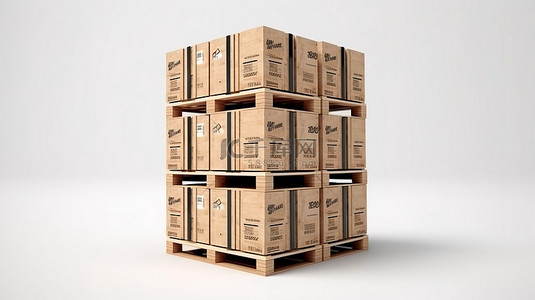 包装盒子背景图片_白色木托盘装运箱上堆放的纸板包装 3D 渲染 3D 插图