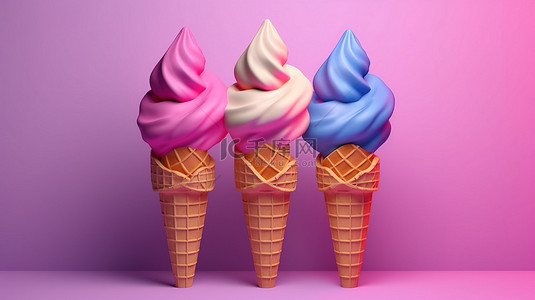 彩色冰淇淋甜筒一个有趣的 3D 渲染，粉红色背景