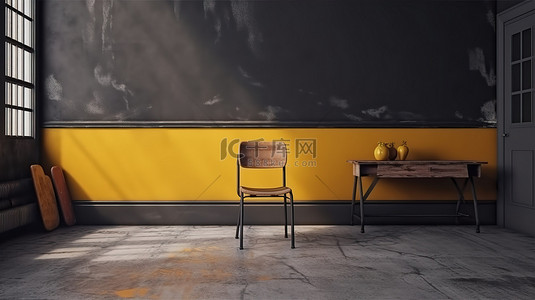 经典学校教室的 3D 渲染，深灰色墙壁上有黑色粉笔，黄色椅子描绘了空荡荡的内部