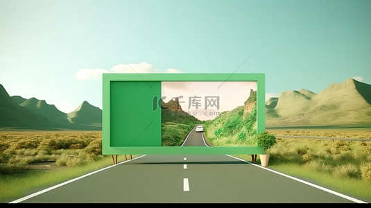 标志旅行背景图片_绿屏背景上冒险公路旅行广告的 3D 插图