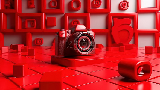 全景摄影工作室背景上的红色标签图标是数字营销的热门话题