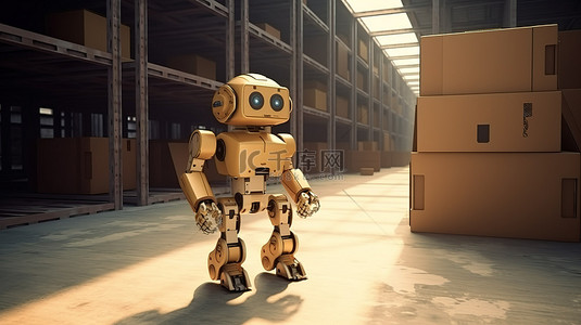 仓库背景图片_Android 机器人在仓库中的纸板箱之间的 3D 渲染