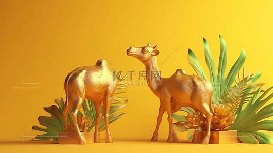 漫画天堂背景图片_热带天堂中的金色骆驼和山羊雕像 3d 渲染黄色背景和复制空间
