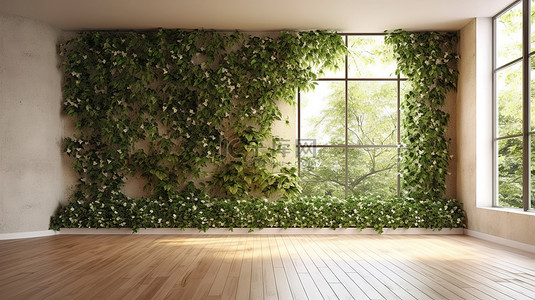 裸露的空间装饰着爬行植物木板石墙和抛光硬木地板的 3D 动画
