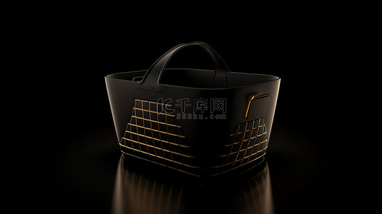 黑色星期五销售概念黑色袋子的 3D 插图，黑色背景上有金色购物篮图标
